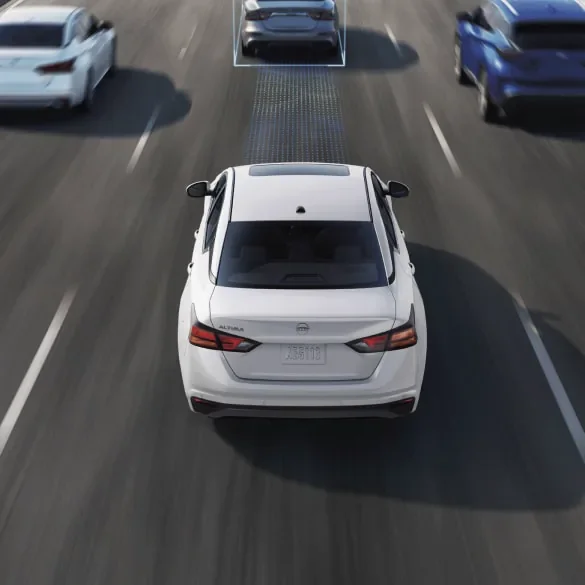 2027 Nissan Altima on freeway surrounded by cars with schematic drawings of ProPILOT Assist capabilities at Orr Nissan of Shreveport in Shreveport LA
